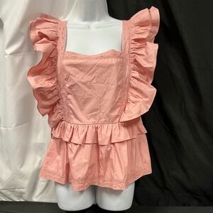 Rose Velvet Top Ruffle Sleeveless Peplum Lace Trimmed Open Back Blouse